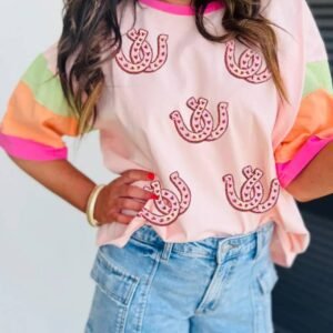 Pink Sequined Horseshoes Pattern Colorblock Half Sleeve Patchwork Tee