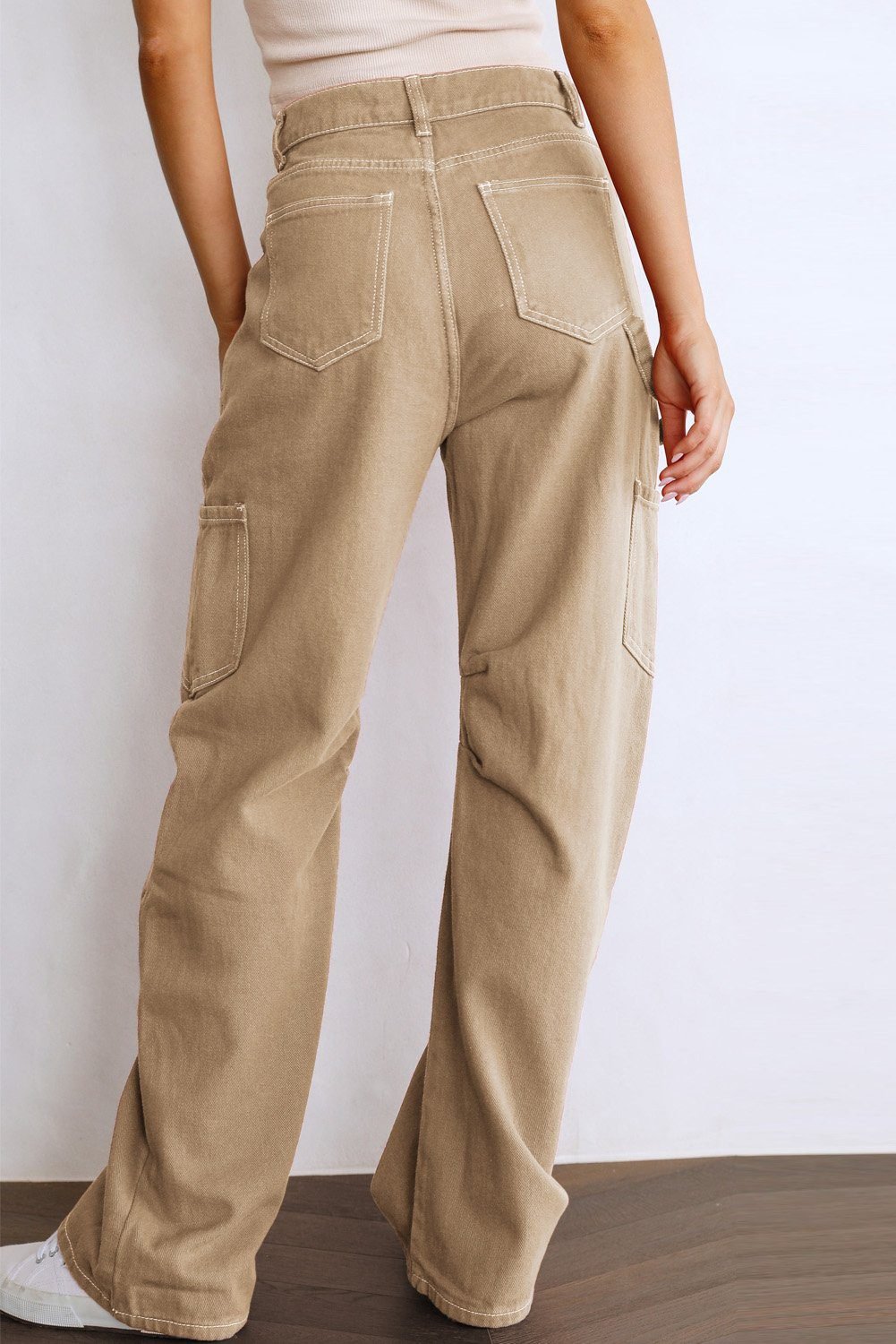 Khaki High Waist Straight Leg Cargo Pants With Pockets