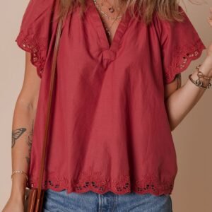 Red Dahlia Floral Embroidered Scallop Trim Short Sleeve V Neck Blouse