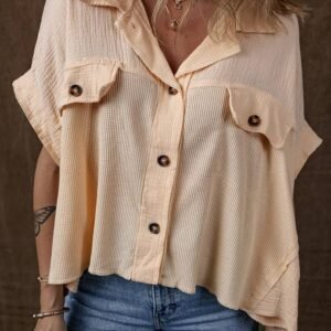 Beige Waffle Splicing Short Batwing Sleeve Flap Detail Shirt