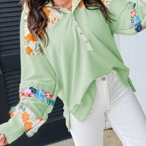 Clearly Aqua Lace Floral Patchwork Half Button Hooded Pullover