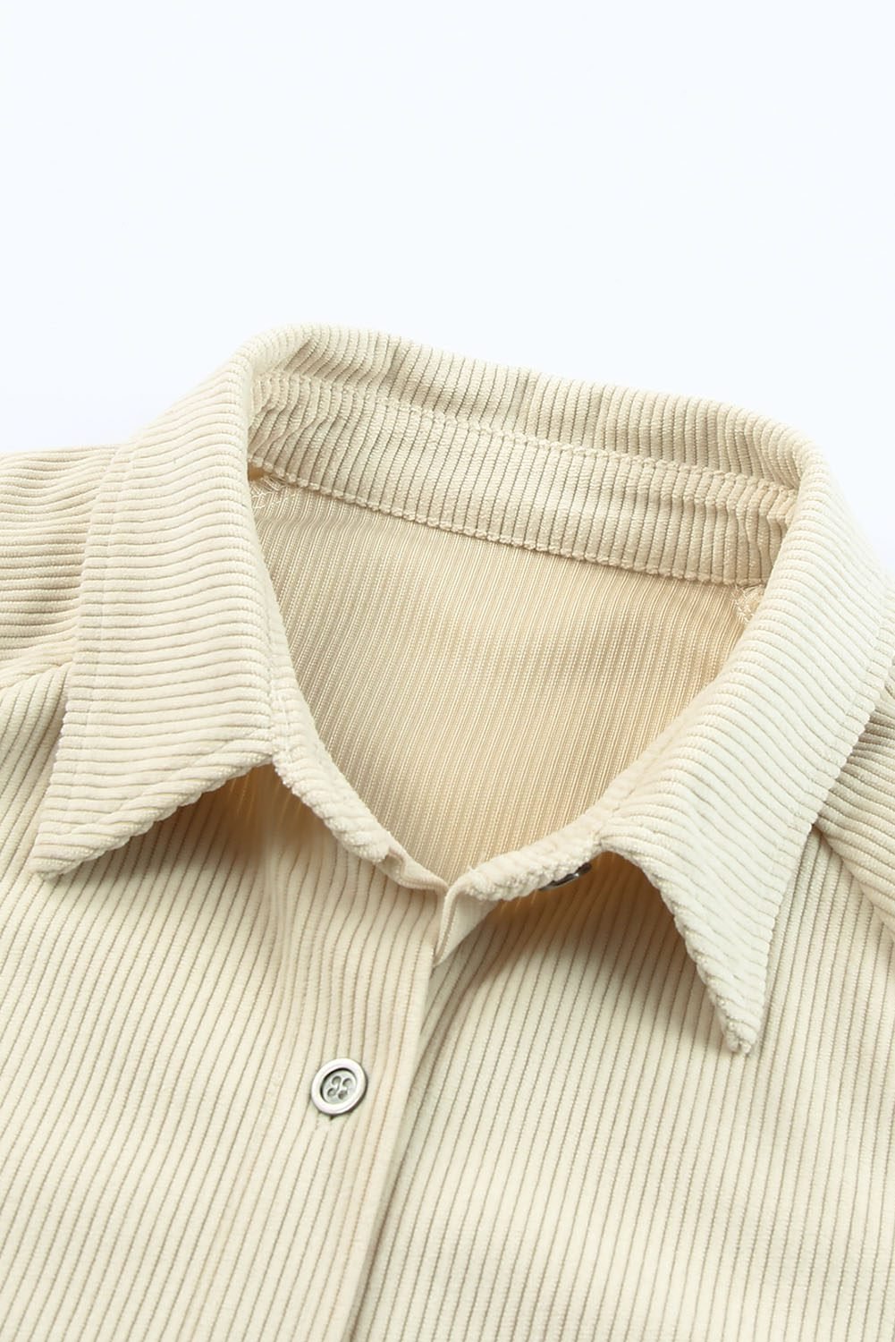 Beige Corduroy Shirt Style Full Button Long Sleeve Shift Mini Dress