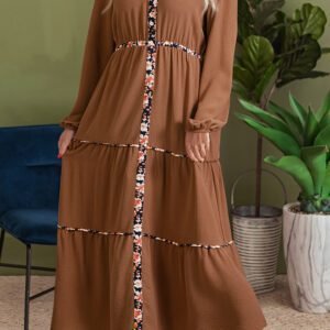 Chestnut Floral Patchwork Detail Notched Neck Long Sleeve Maxi Dress