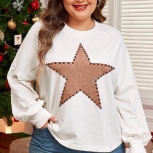 Beige Star Shape Studded Crew Neck Plus Size Long Sleeve Top