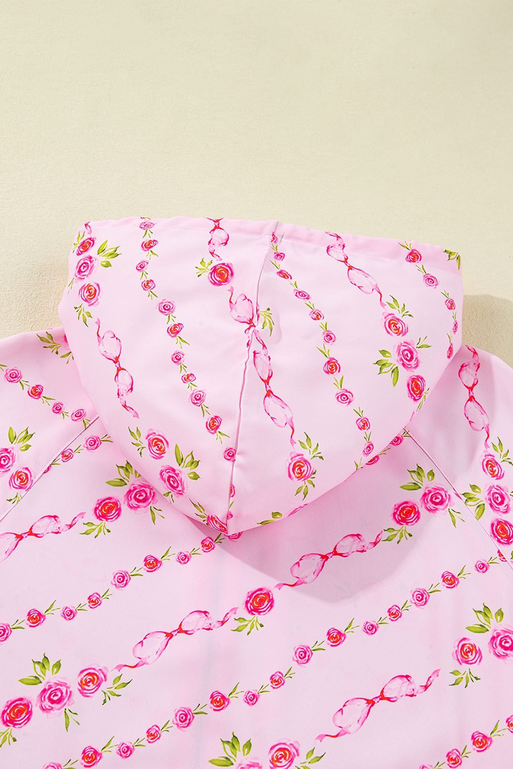 Pink Floral Print Half Zip Kangaroo Pouch Drawstring Hoodie