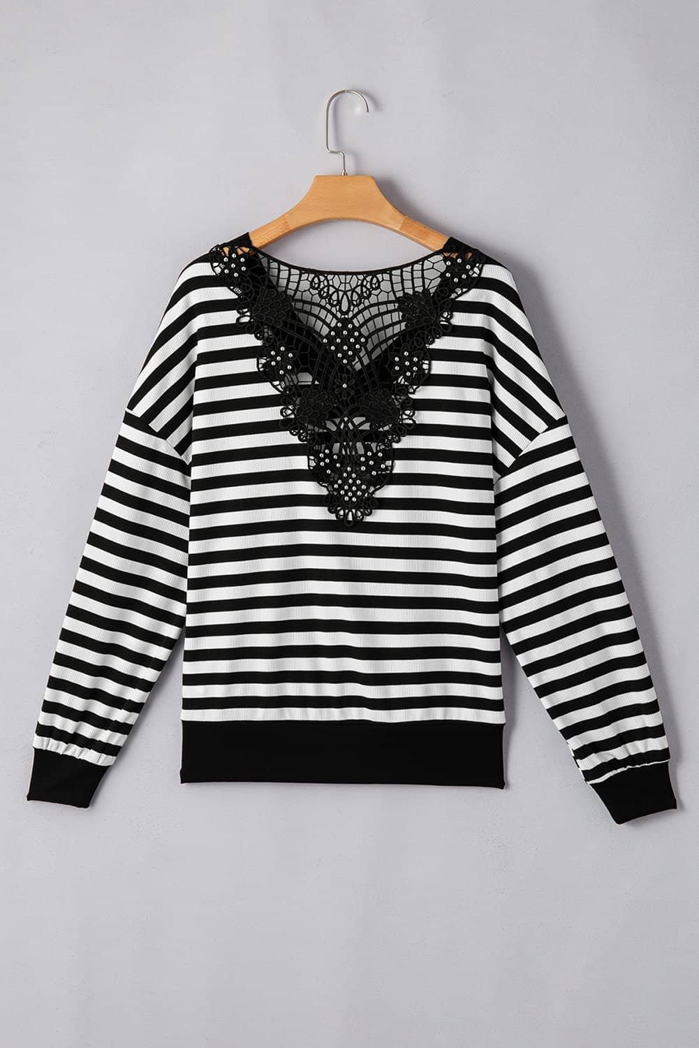 Black Stripe Crochet Hollow-Out Back Buttoned Shoulder V Neck Top