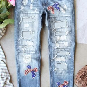 Light Blue Flag Pattern Inspired Sequin Bow Graphic Distressed Jeans