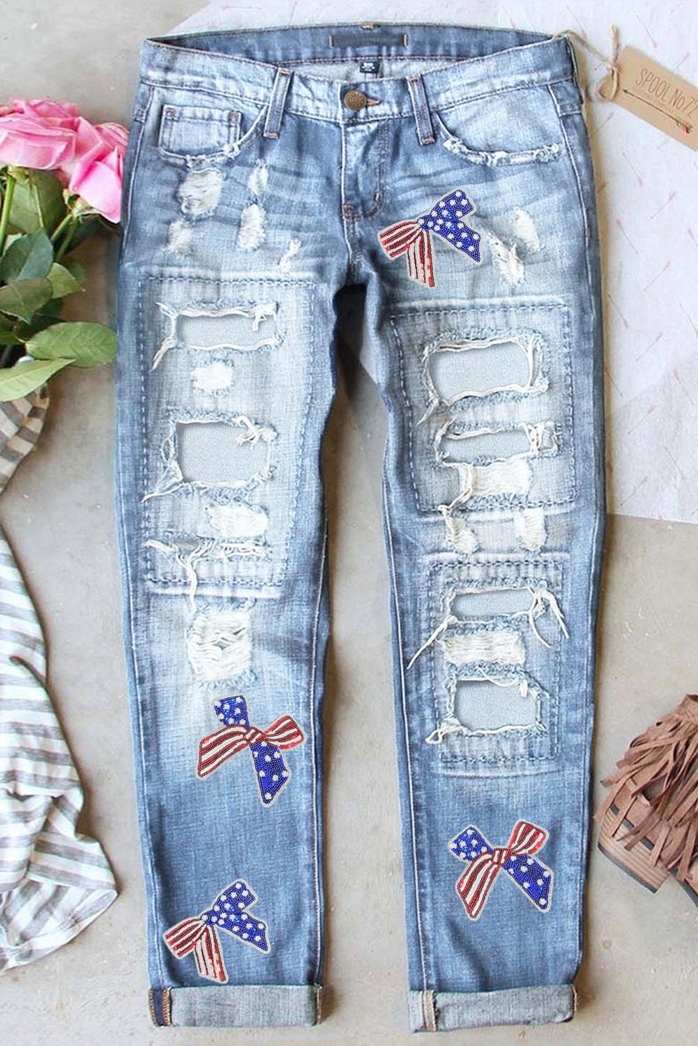 Light Blue Flag Pattern Inspired Sequin Bow Graphic Distressed Jeans