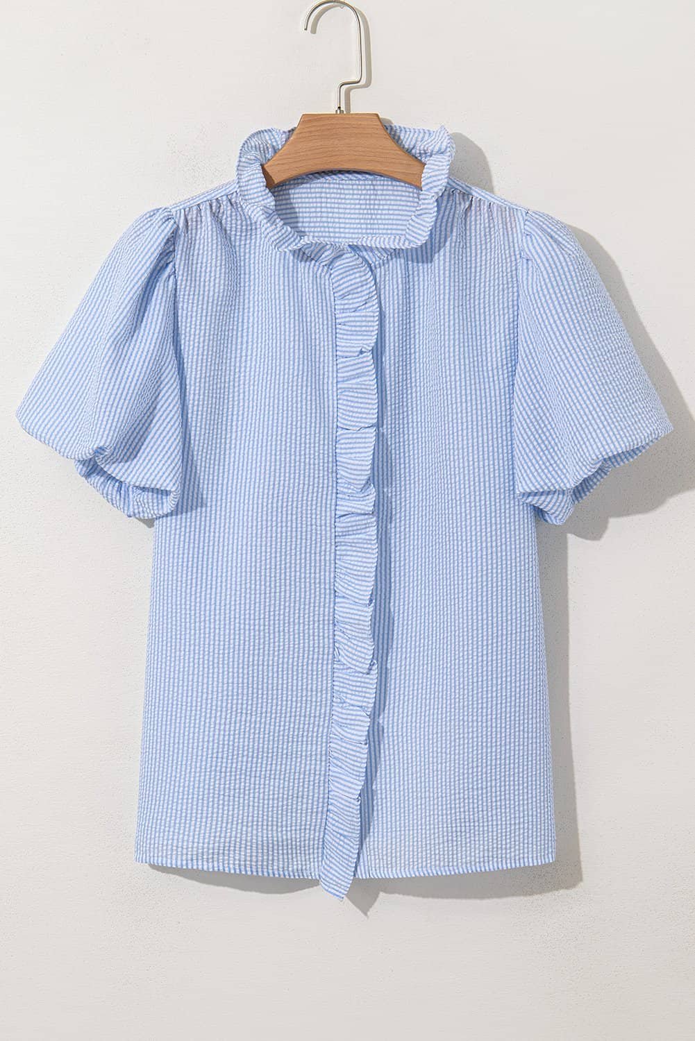 Beau Blue Striped Ruffle Short Bubble Sleeve Shirt