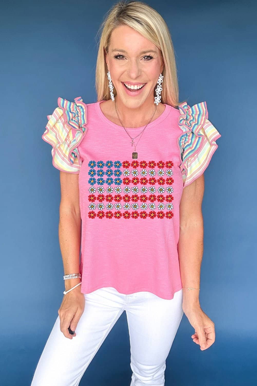 Bonbon Flower Graphic Striped Ruffled Short Sleeve Ribbed Knit Top