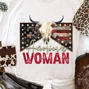 White American Woman Bull Skull Graphic T Shirt