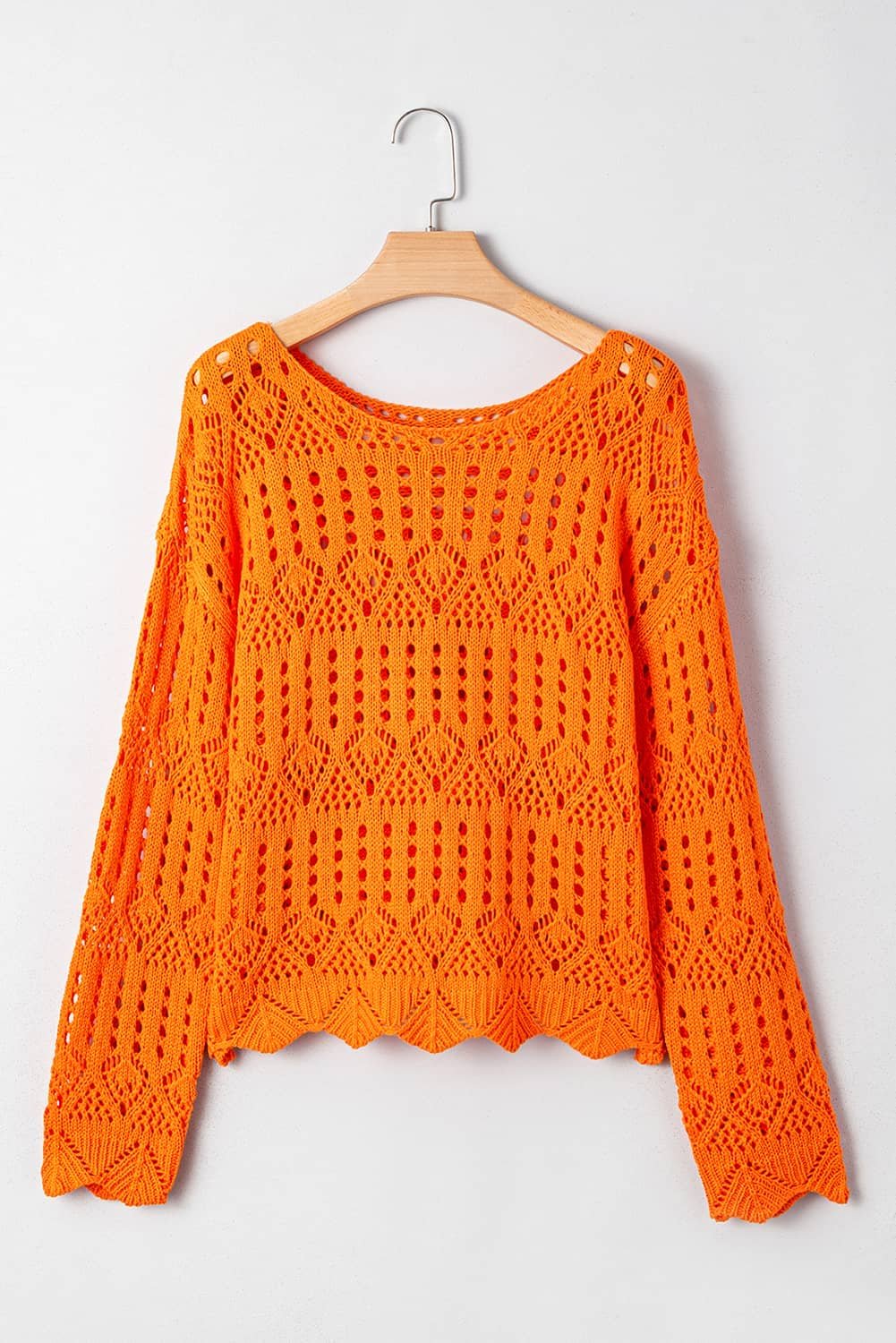 Carrot Solid Color Open Crochet Scallop Edge Sweater