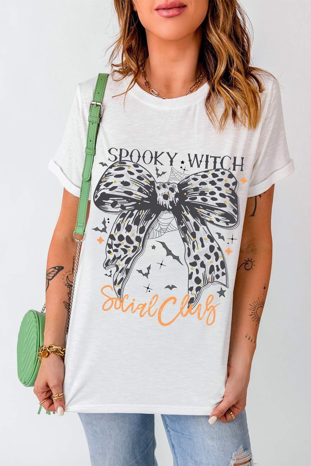 White Spooky Witch Leopard Bowknot Bat Graphic Halloween T Shirt