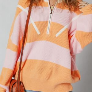 Orange Stripe Colorblock Half Zip Oversize Sweater
