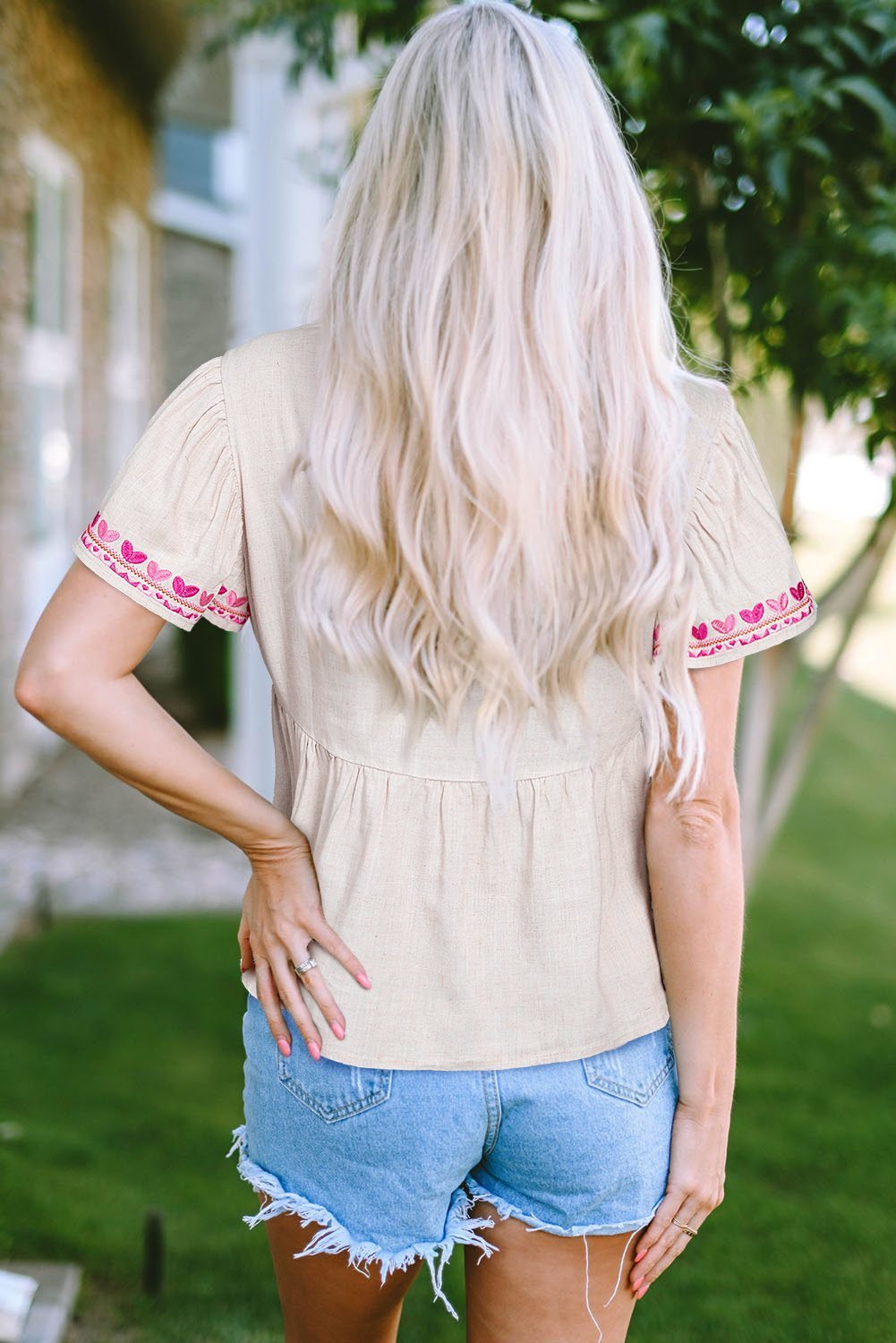 Beige Floral Embroidered Short Sleeve Notched V Neck Blouse