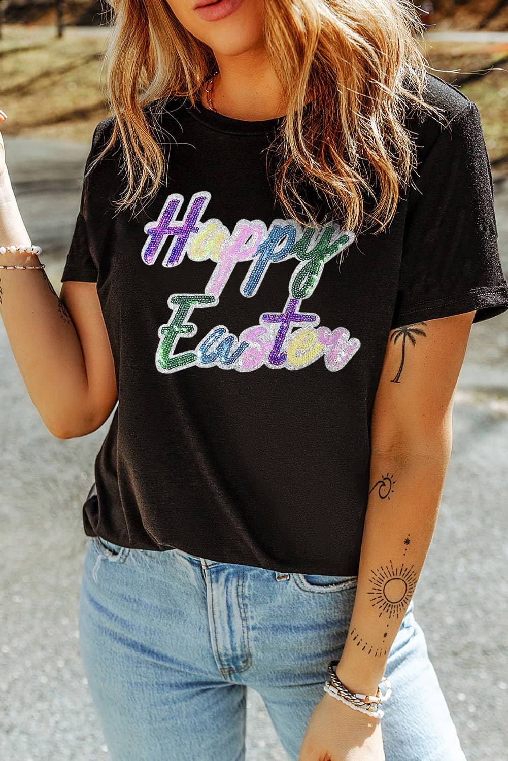 Black Sequined Happy Easter Graphic Tee