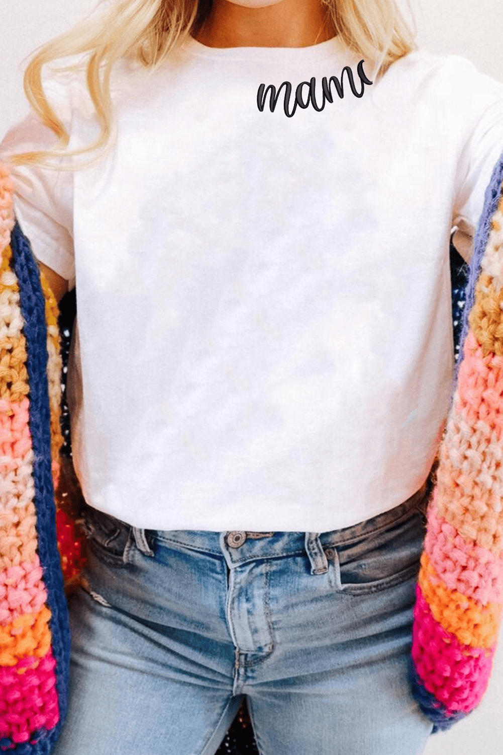 White Mama Heart Embroidered Crew Neck T Shirt