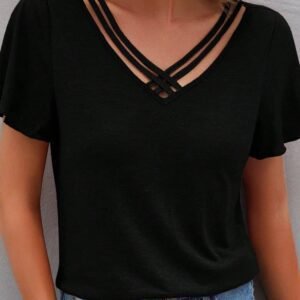 Black Crisscross V Neck Butterfly Sleeve T Shirt
