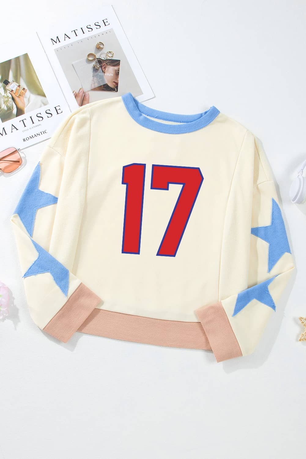 Beige Number 17 Printed Stars Patched Sleeve Cropped Sweatshirt