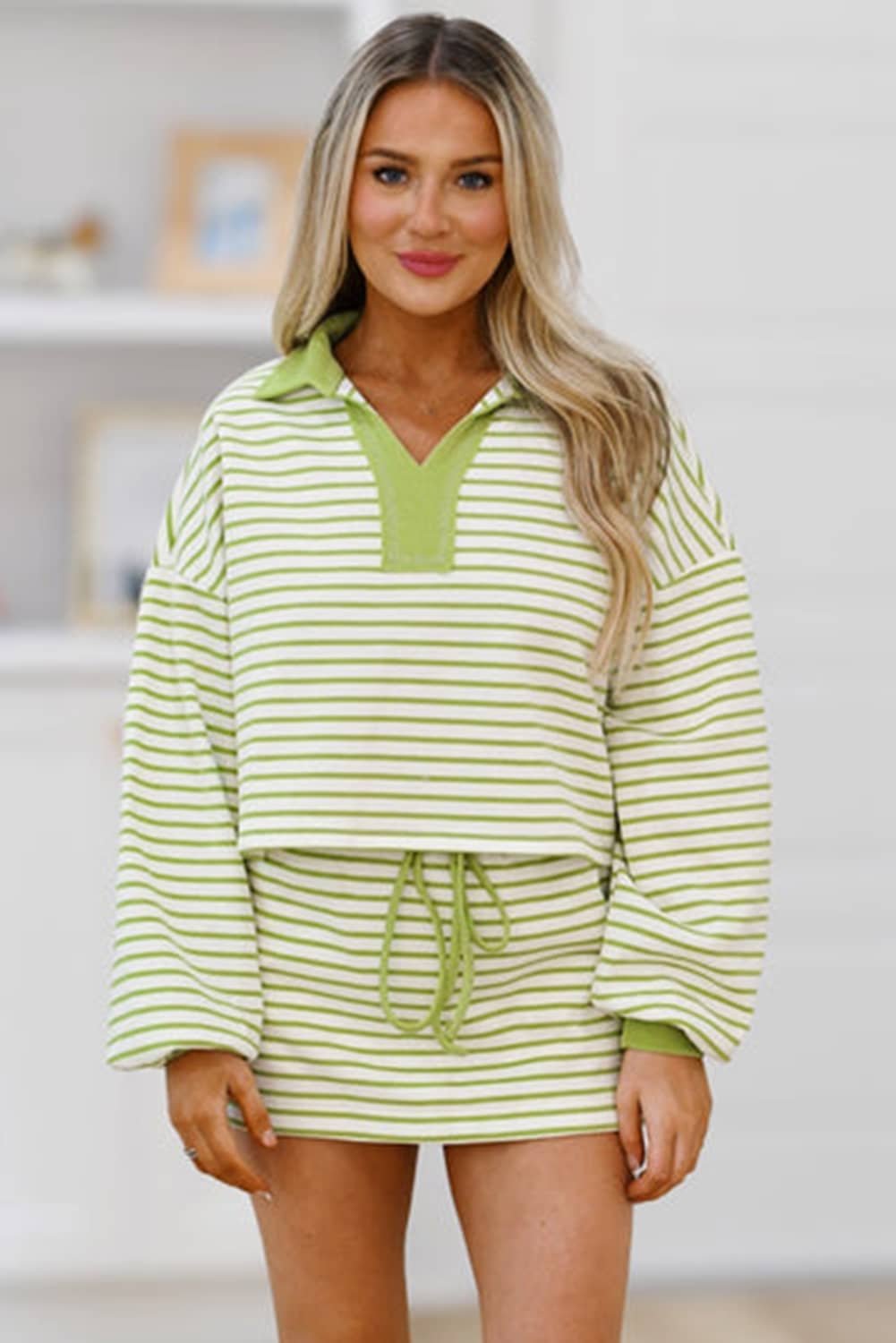 Green Stripe Collared V Neck Drop Shoulder Pullover And Skort 2Pcs Outfit