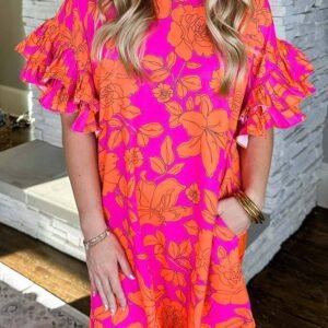 Pink Voluminous Ruffled Sleeve Floral Dress