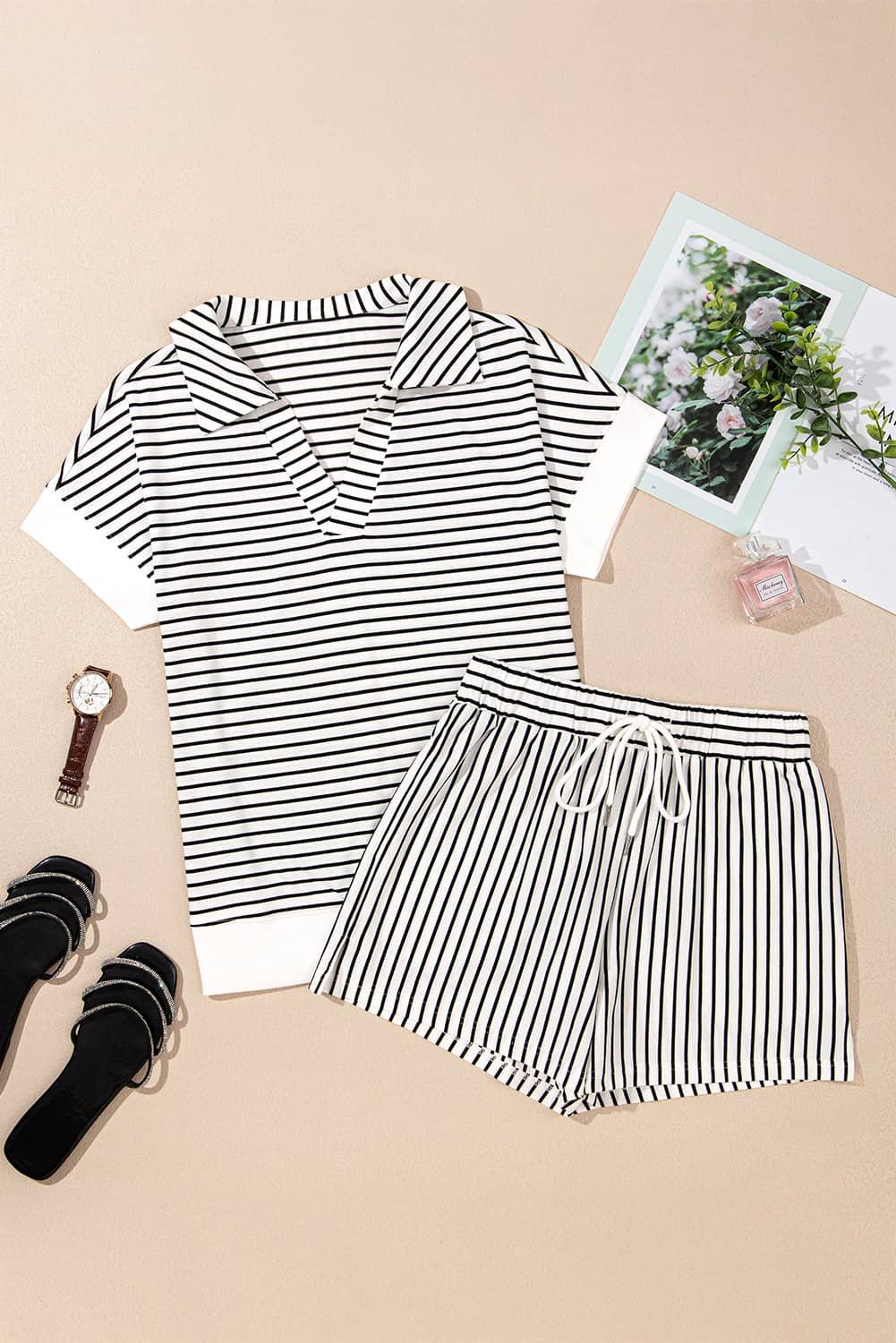 Black Stripe V Neck Tee And Casual Short Set