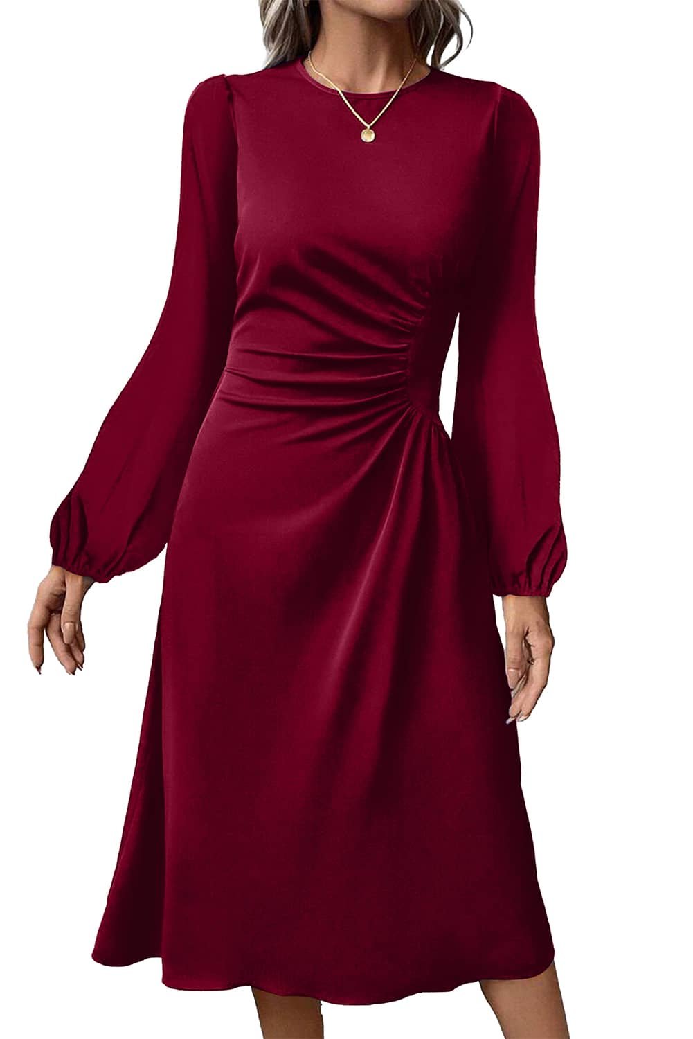 Burgundy Solid Color Ruched Detail Long Sleeve Midi Dress