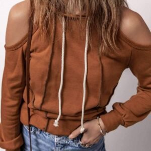 Cinnamon Exposed Seam Cold Shoulder Drawstring Hoodie
