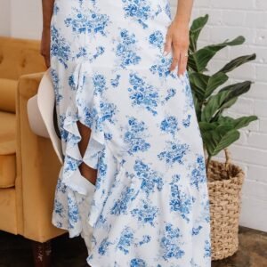 Sky Blue Boho Floral High Waist Ruffle Split Maxi Skirt