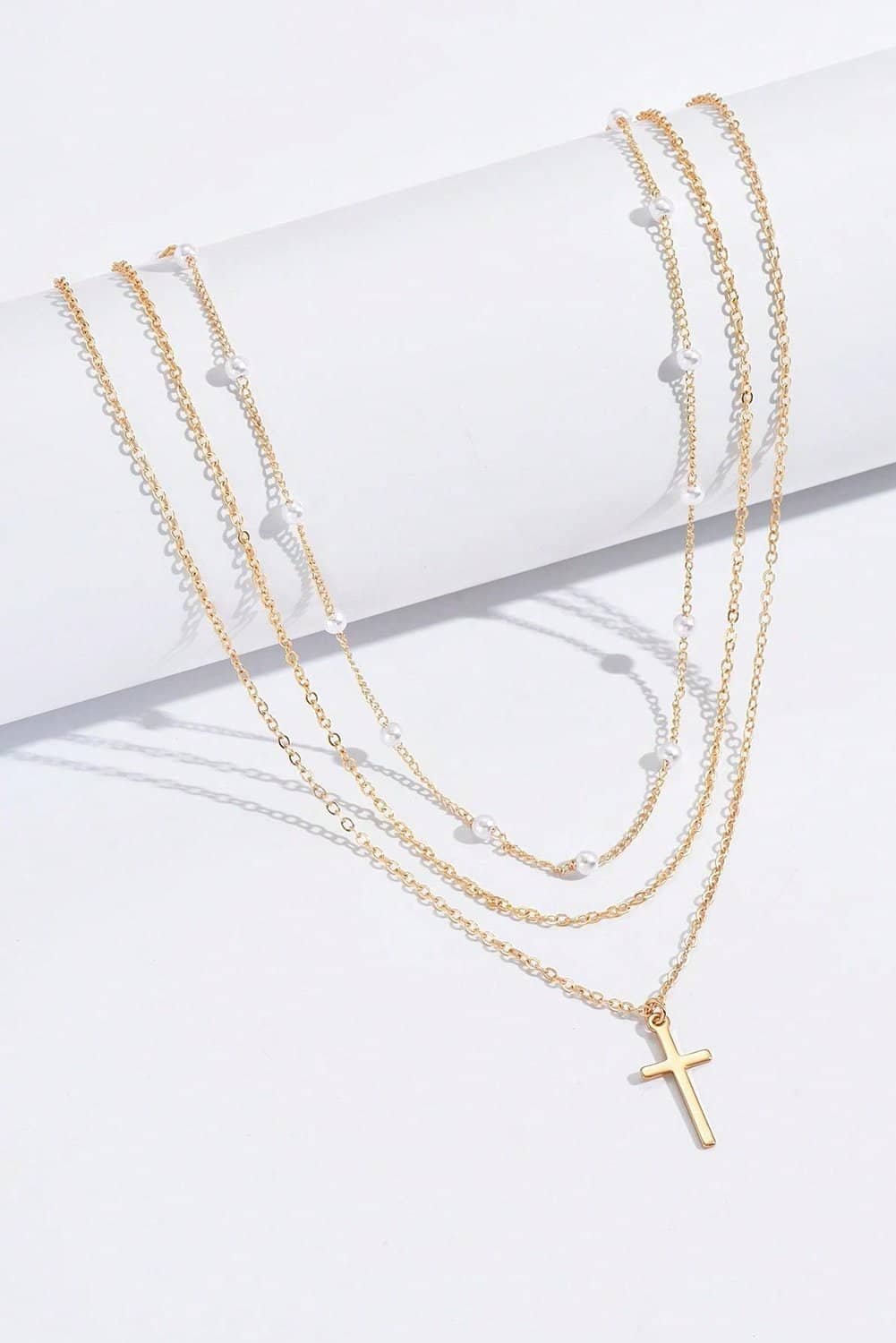 Gold Plated Cross Pendant Pearl Decor Triple Layer Chain Necklace