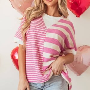 Pink Stripe Patchwork Textured Short Sleeve High Low Loose Top