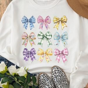 White Easter Eggs Plaid Bow Graphic Drop Shoulder Sweatshirt