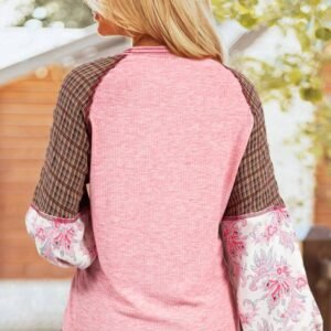Fushia Mixed Print Patchwork Raglan Ribbed Knit Top