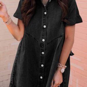 Black Frilled Short Sleeve Button Up Loose Denim Shirt Dress