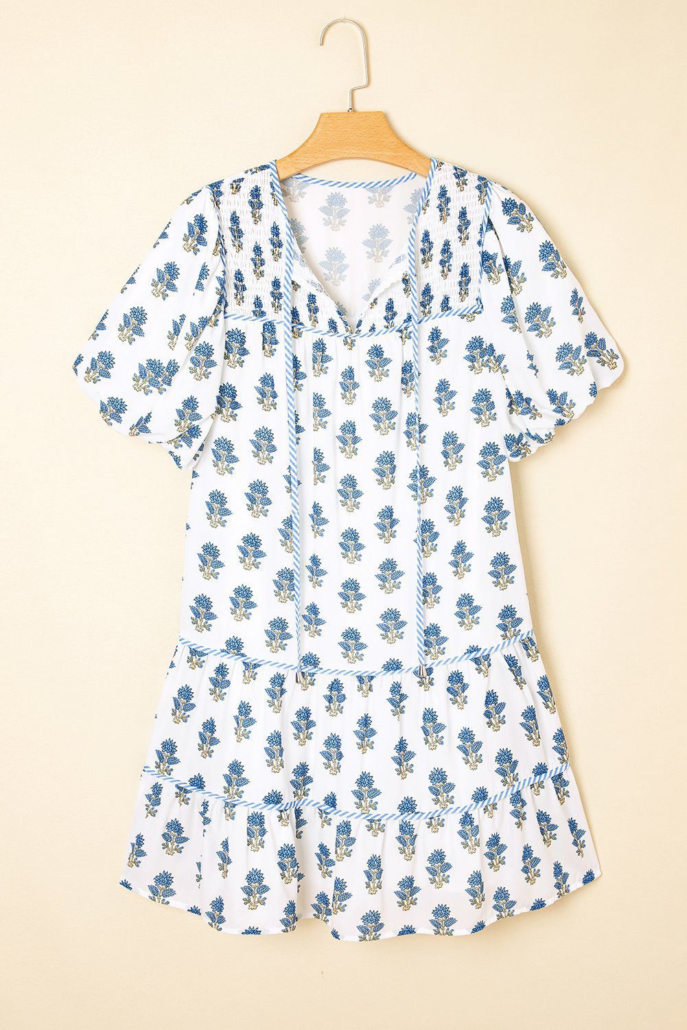 Sky Blue Floral Puff Sleeve Tied Neck Pocketed Mini Dress