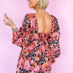 Pink Bohemian Square Neck Puff Sleeve Mini Dress