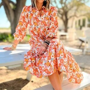 Multicolor Boho Floral Collared Long Sleeve Ruffled Dress
