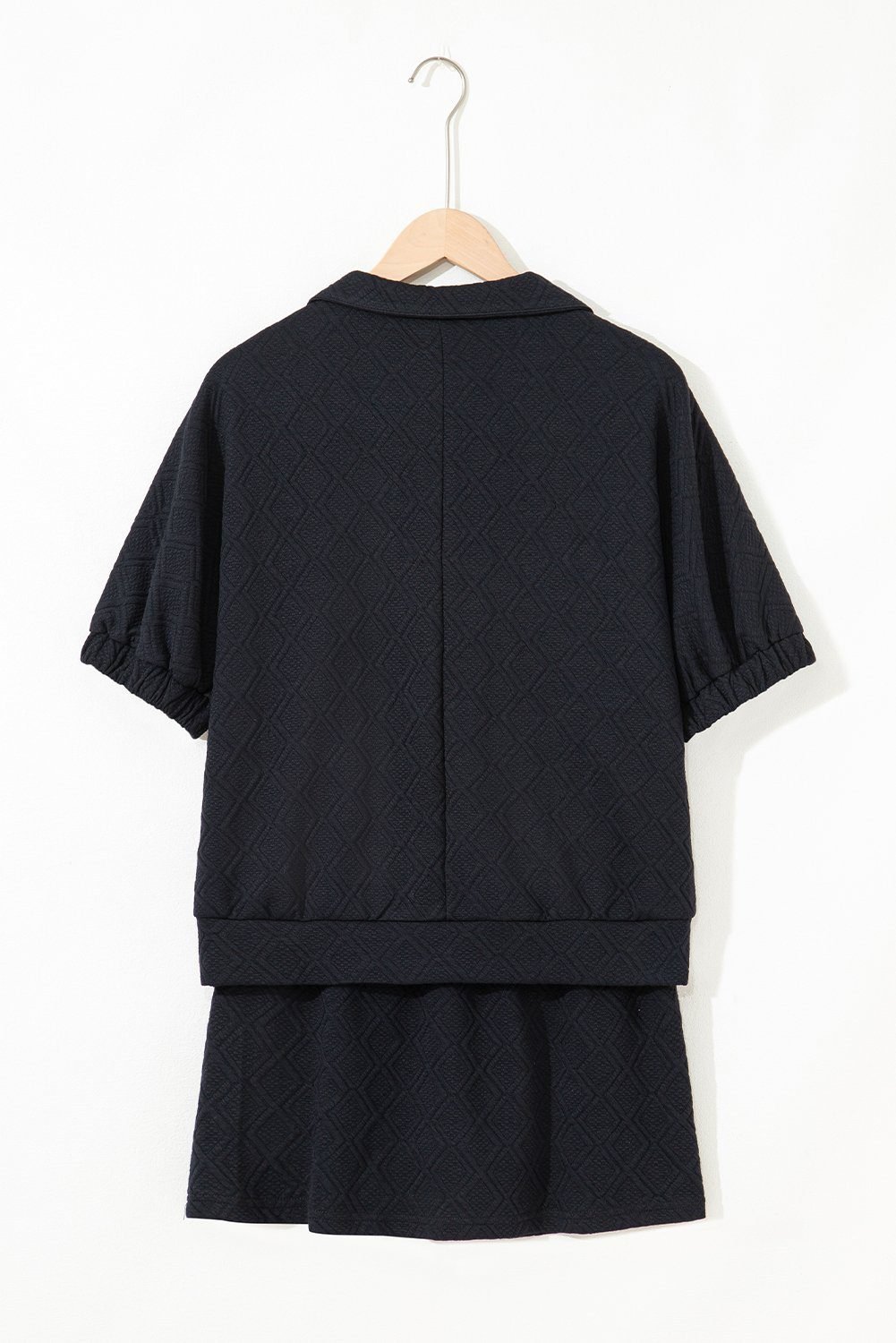 Color Black Striped Collared Zip Up Textured Skirt Set