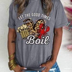 Gray Let The Good Times Boil Crawfish Leopard Heart Graphic Tee
