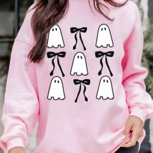 Pink Ghost Bowknot Printed Drop Shoulder Halloween Sweatshirt