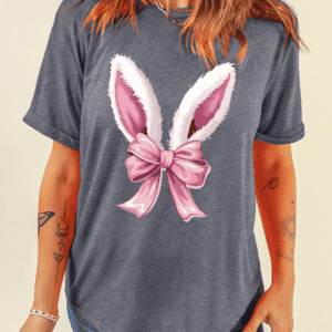 Gray Bunny Ear Bow Printed Easter Fashion T Shirt