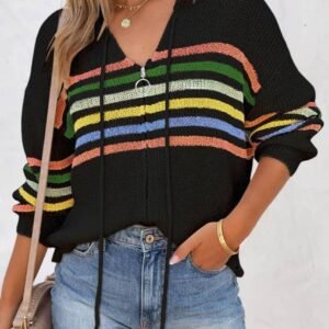 Black Striped Detail Zip Up Hooded Sweater Cardigan