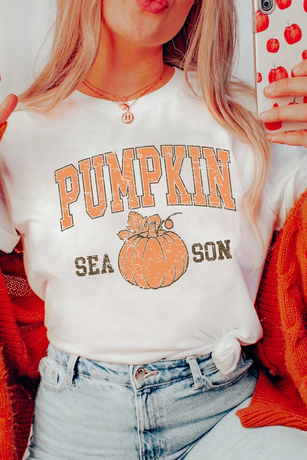 White Pumpkin Season Cracking Printed Cotton Blend T Shirt
