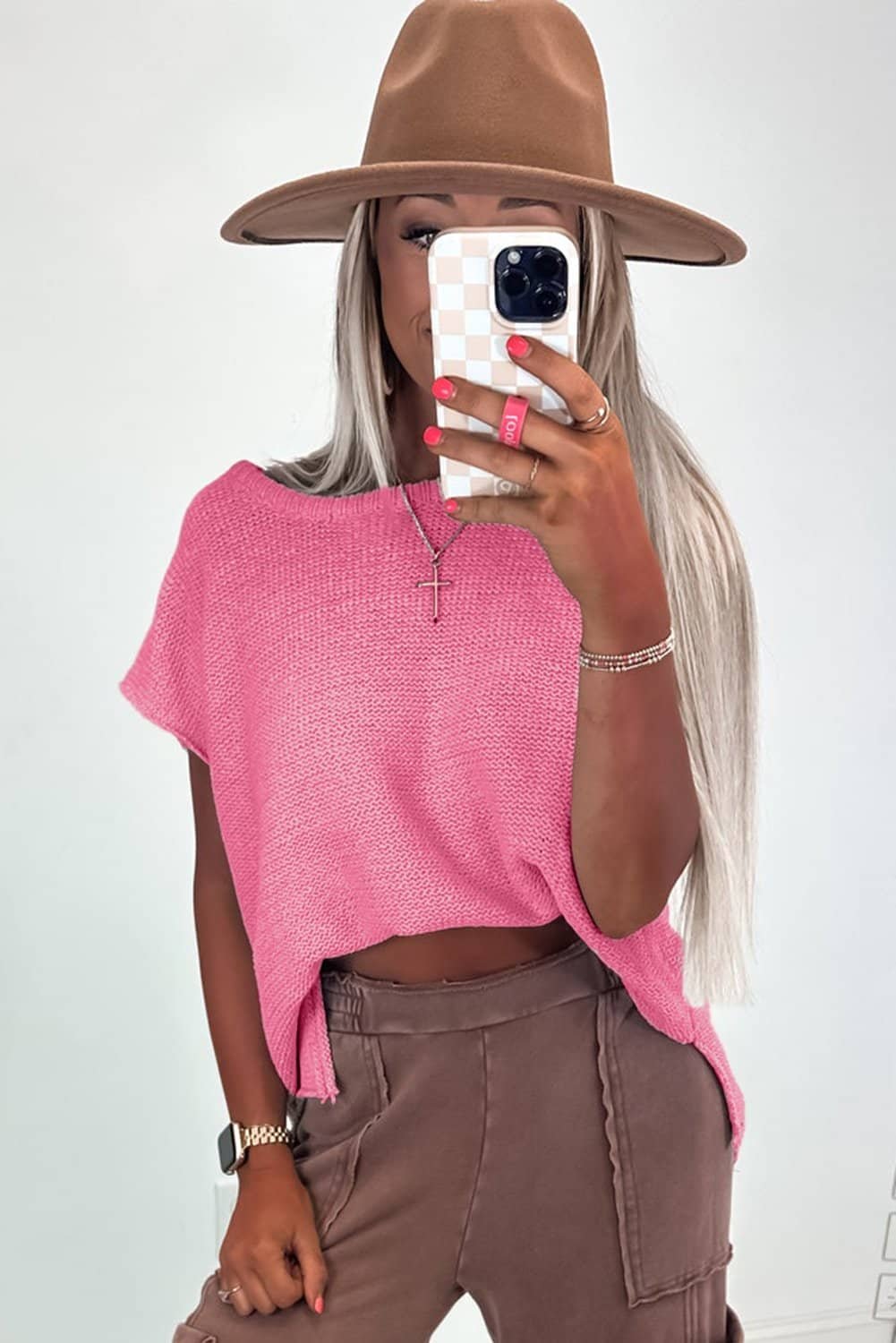 Sachet Pink Solid Color Sweater Tee With Side Slits