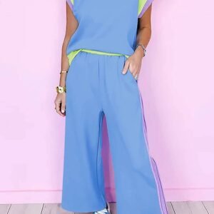 Sky Blue Color Block Detail Casual Two-Piece Outfit