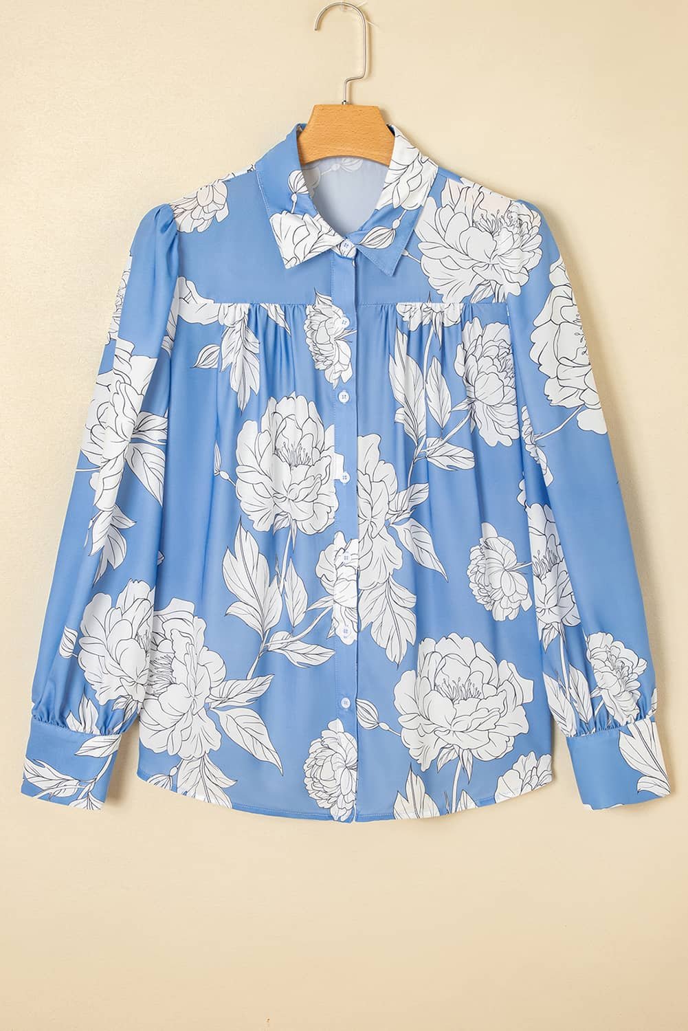 Sky Blue Floral Print Button Up Pleated Detail Puff Sleeve Shirt