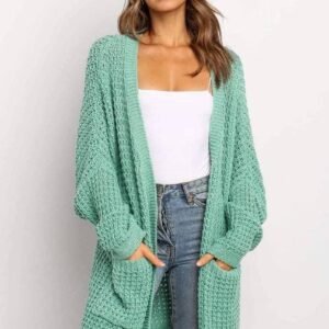 Green Long Line Open Front Knitted Cardigan With Pockets