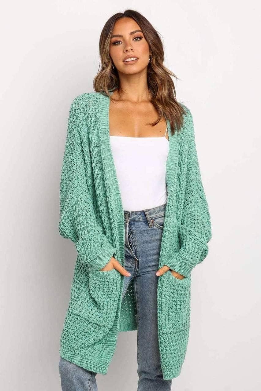 Green Long Line Open Front Knitted Cardigan With Pockets