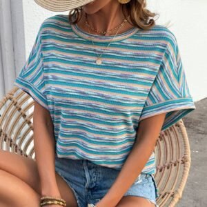 Multicolour Striped Wide Sleeve Loose T Shirt