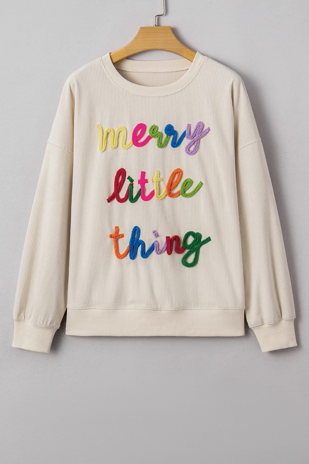 Beige Merry Little Thing Corded Letter Graphic Ribbed Loose Sweatshirt